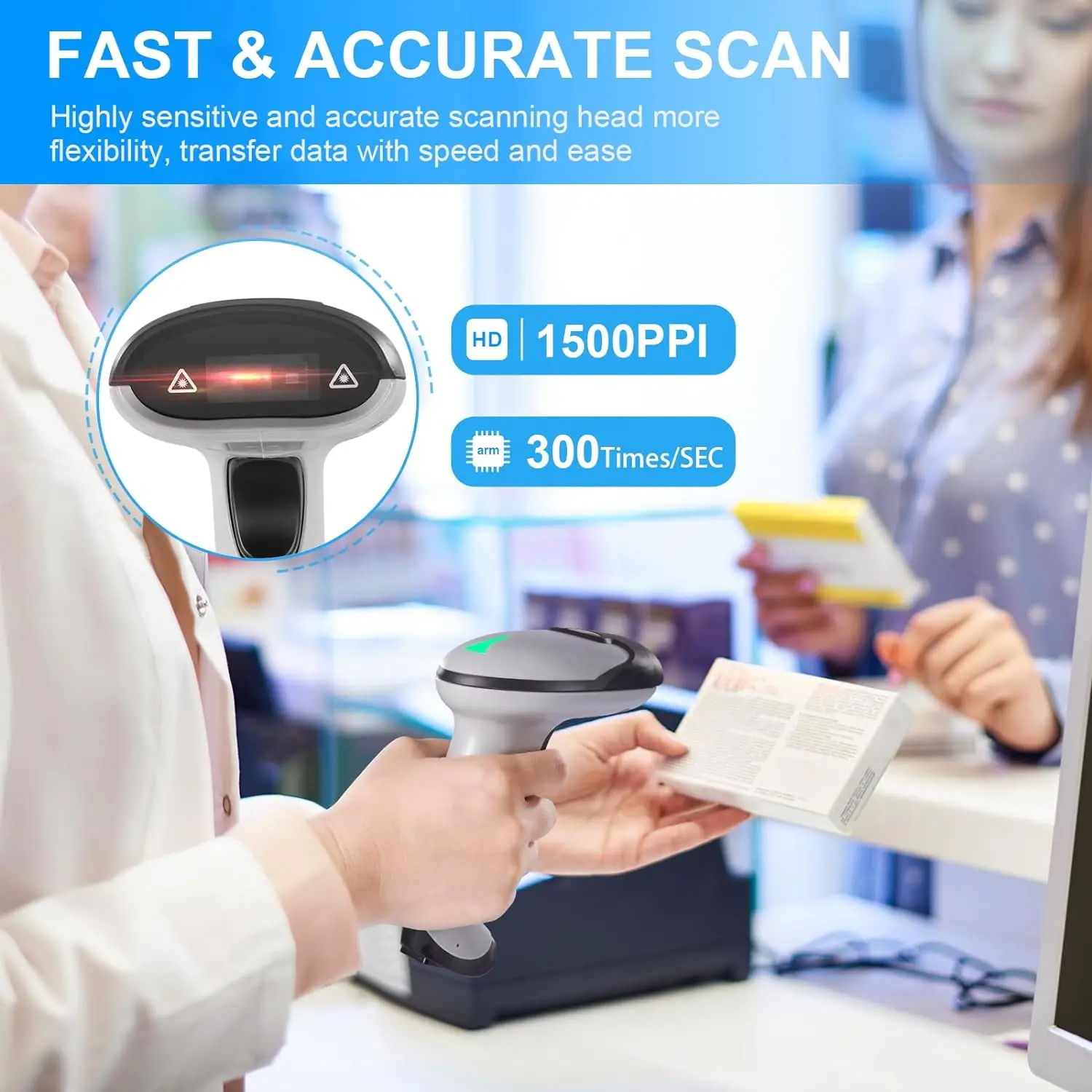 JRHC Wireless Barcode Scanner 1D Laser Handheld Bar Code Reader with Stand 2.4G Wireless USB Wired Connection Plug and Play