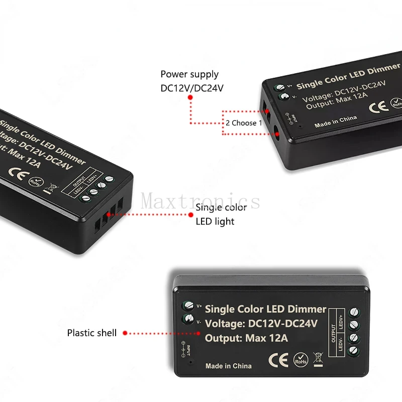 Description Picture 4 of itemDC12-24V LED Dimmer Controller 12A 1CH with 3-Key RF 433Mhz Wireless Remote Control for LED COB Single Color Light Strip Lamps
