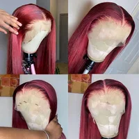 Perruque Lace Front Wig naturelle lisse bordeaux 99J, cheveux humains, 13x6 HD, pre-plucked, pour femmes 5