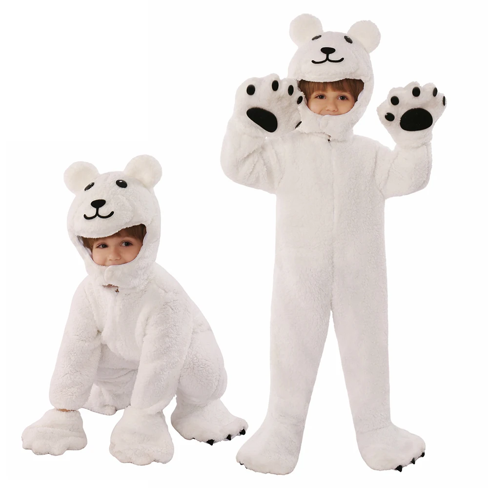 Kids Polar Bear Costume Plush Onesie with Hooded Back Zipper Easy Wear Animal Clothes Outfit