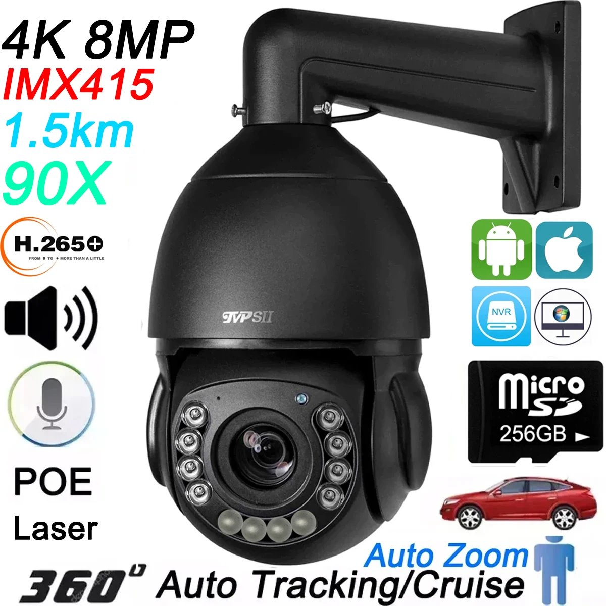 Max.256G Zwart Automatisch Volgen 8mp 4K Imx415 90x Optische Zoom 360 ° Rotatie Audio Onvif Poe Ptz Ip Speed Dome Bewakingscamera