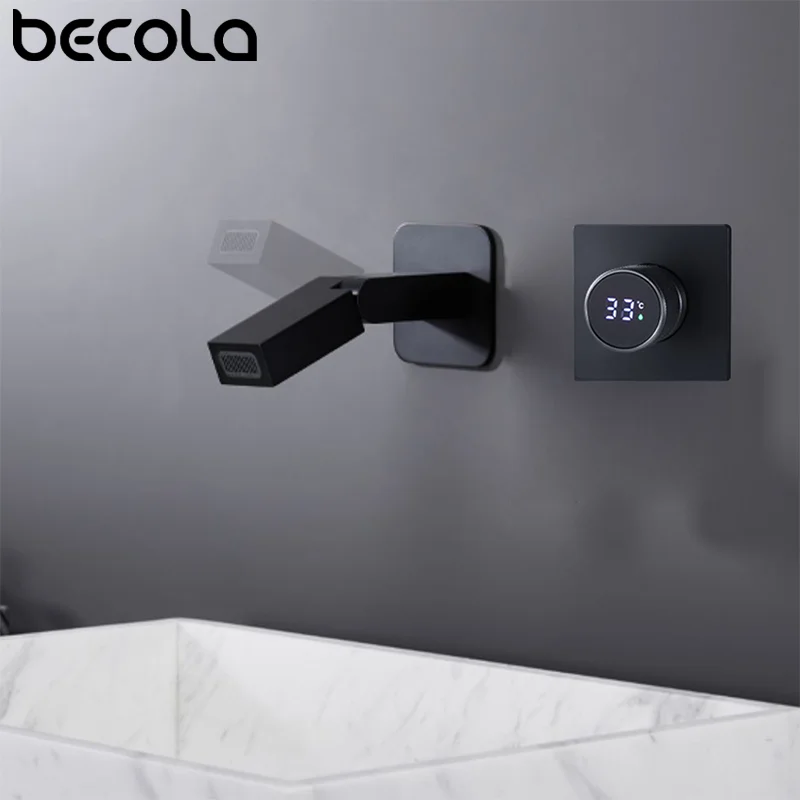 Becola Modern Matte Black Waterfall Bathroom Faucet - Single Hole Single Handle Vanity Faucet With Adjustable Knob & Deck Plate