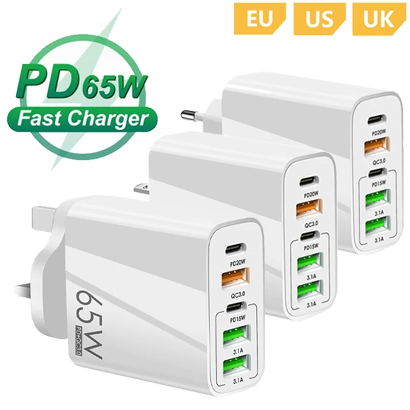 

65W Phone Chargers QC3.0 Quick Charging EU/US/UK Plug for IPhone 15 Pro Samsung Z Flip 5 Xiaomi Tablet USB C Charger PD Adapter