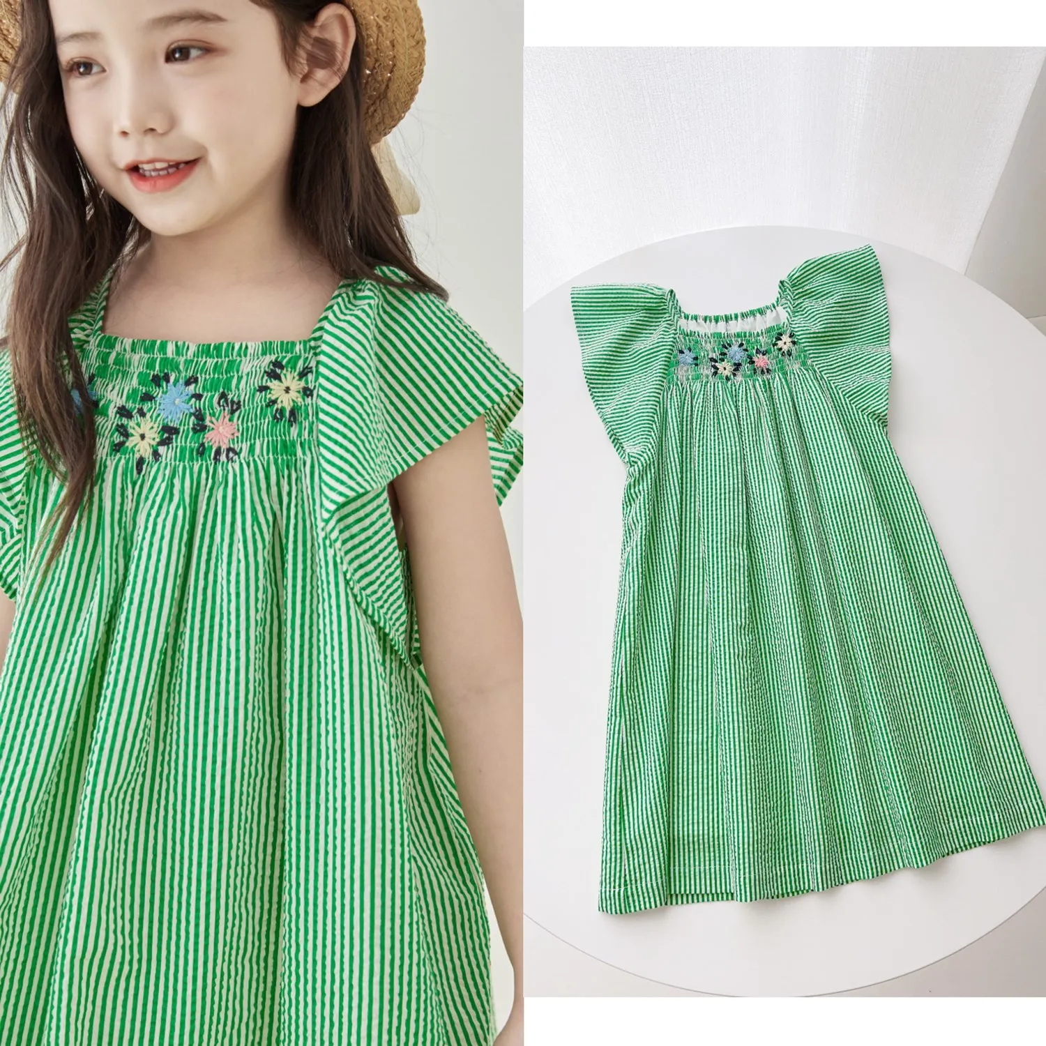 

Pre-sale French style summer girls Pastoral style Sweet dress Green stripe hand embroidered dress