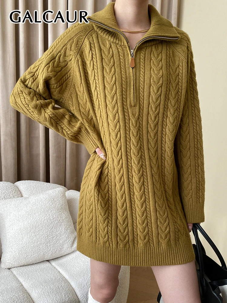 

GALCAUR Casual Minimalist Knitting Sweater For Women Lapel Long Sleeve Patchwork Zipper Korean Solid Pullover Sweaters Female