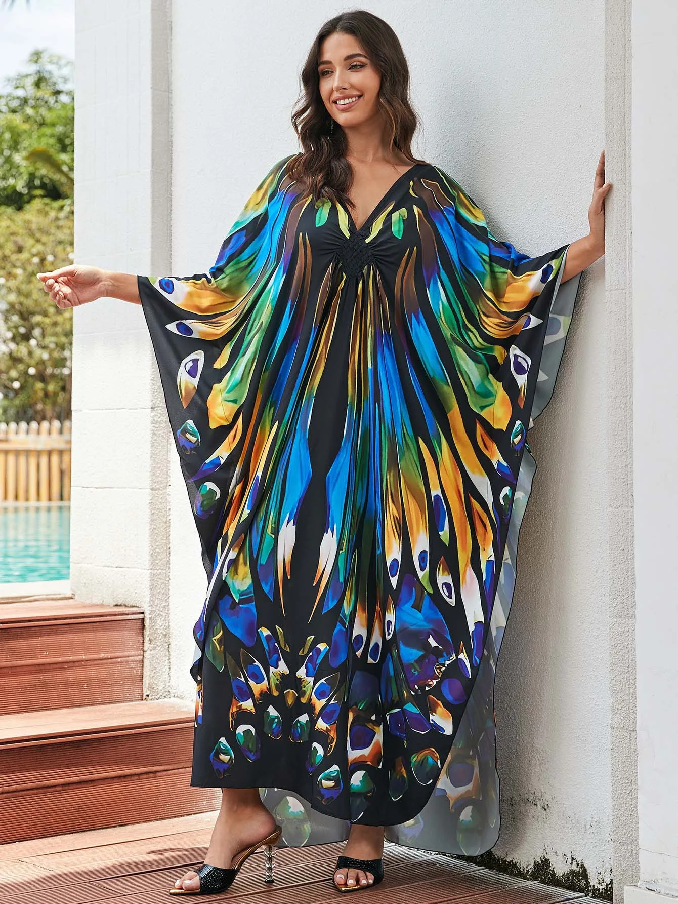 

odoodem graphic print v neck kaftan dress elegant batwing sleeve long length loose beach dress women's clothing