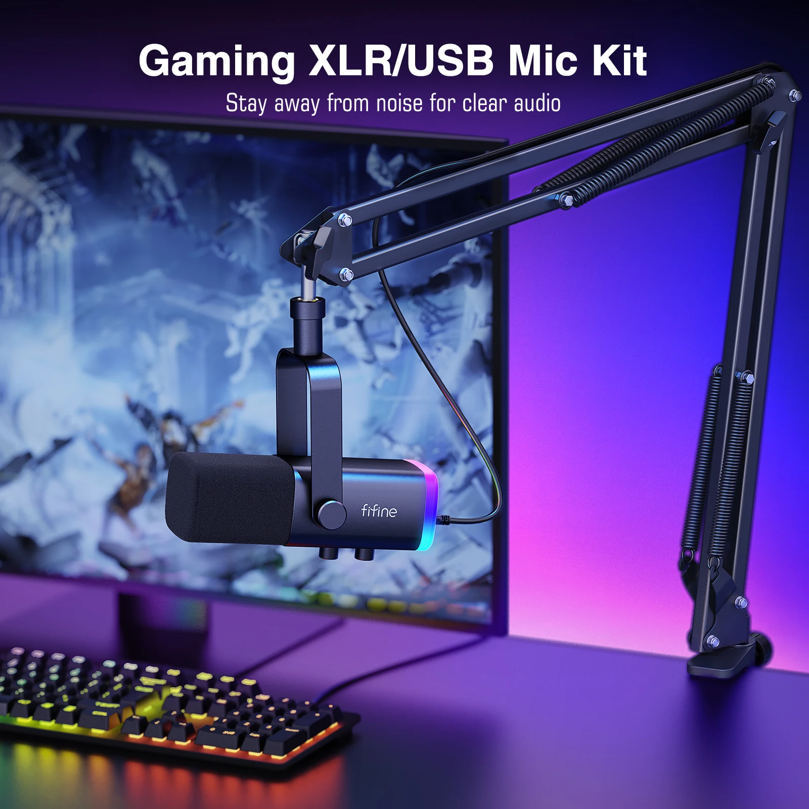 FIFINE Dynamic Microphone for windows&laptop,USB Mic for Gaming with  Tap-to-Mute Button/RGB Light/Headphone Jack -K658