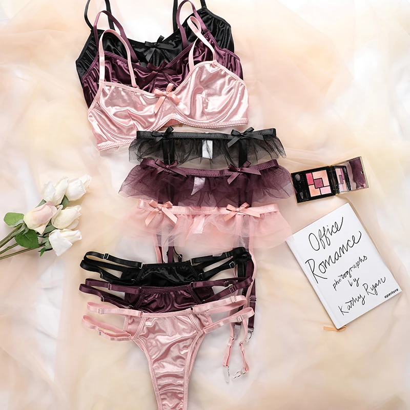French sexy three piece lingerie set for girls exquisite bow breathable oversized comfortable pants and bra for women