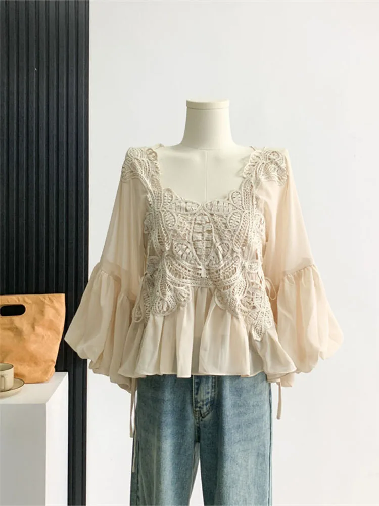 

French Elegance Chic O-Neck Puff Sleeve Shirts Women New Design Beige Patchwork Lace Chiffon Blouses Autumn 2024 Sweet Fluffy To