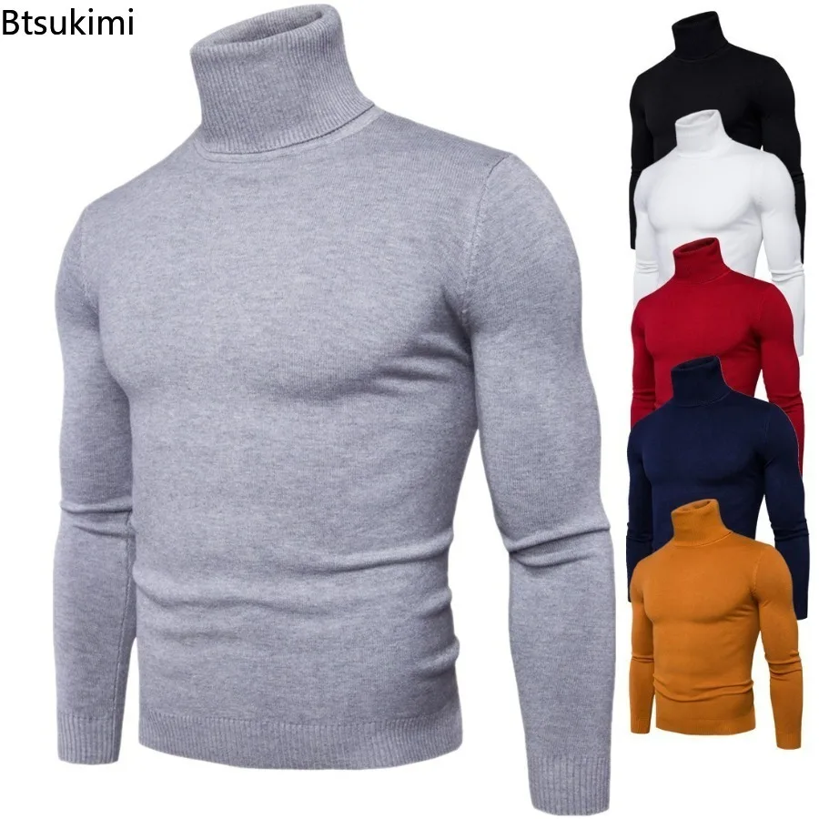 

2024 Men's Winter High Neck Sweaters Thick Warm Turtleneck Slim Fit Man Pullovers Fashion Casual Solid Knitwear Sweaters for Men