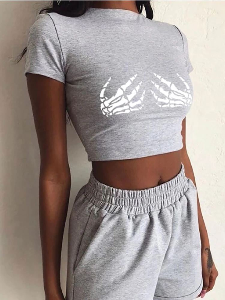 Casual Two Piece Set Women Print O Neck Tracksuit Outfits Summer Short Sleeve Crop Tops And Elastic Waist Shorts Suit Sportswear white short suit set