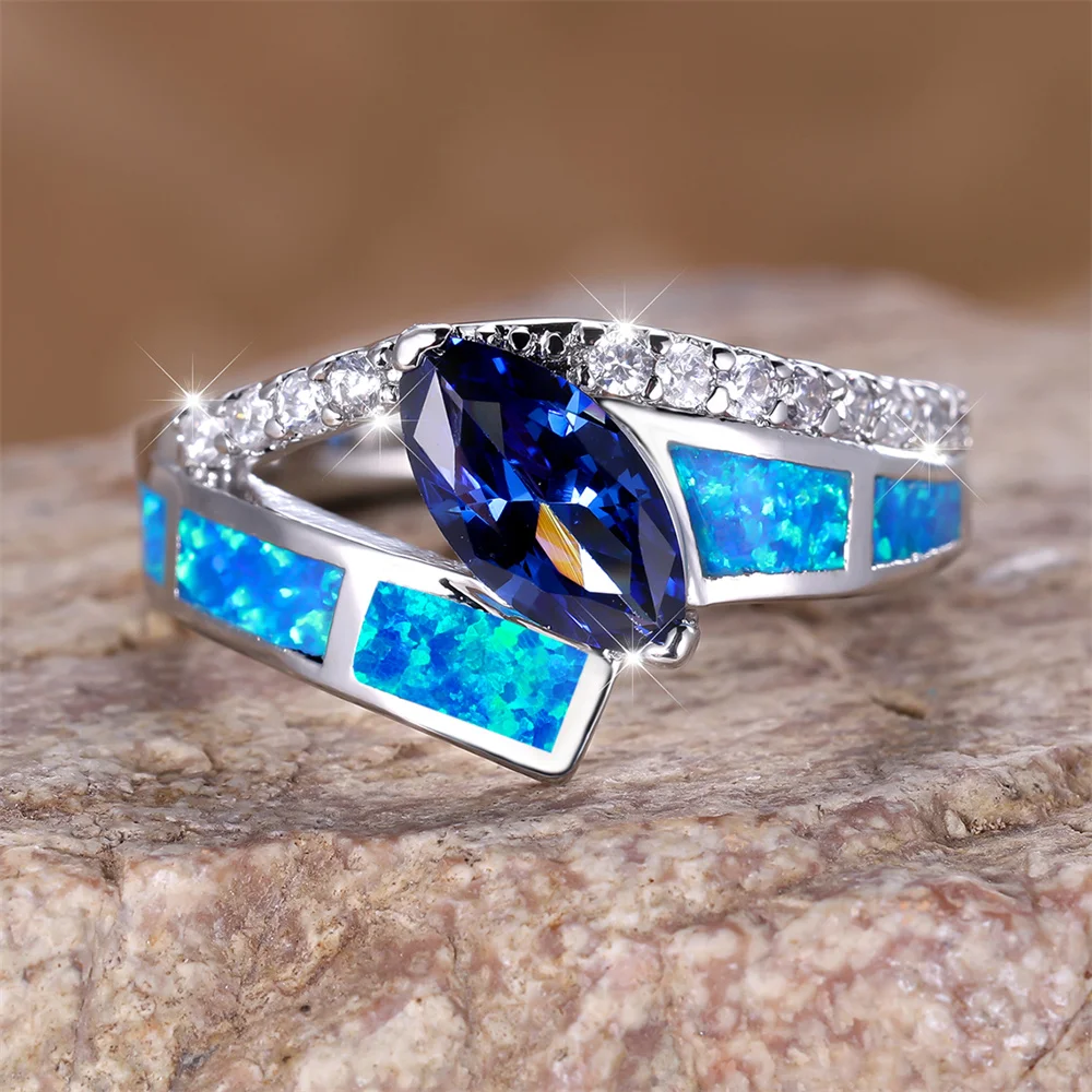 Blue Opal Geometric Crystal Marquise Stone Rings For Women Vintage Silver Color Wedding Band Engagement Jewelry Birthday Gifts