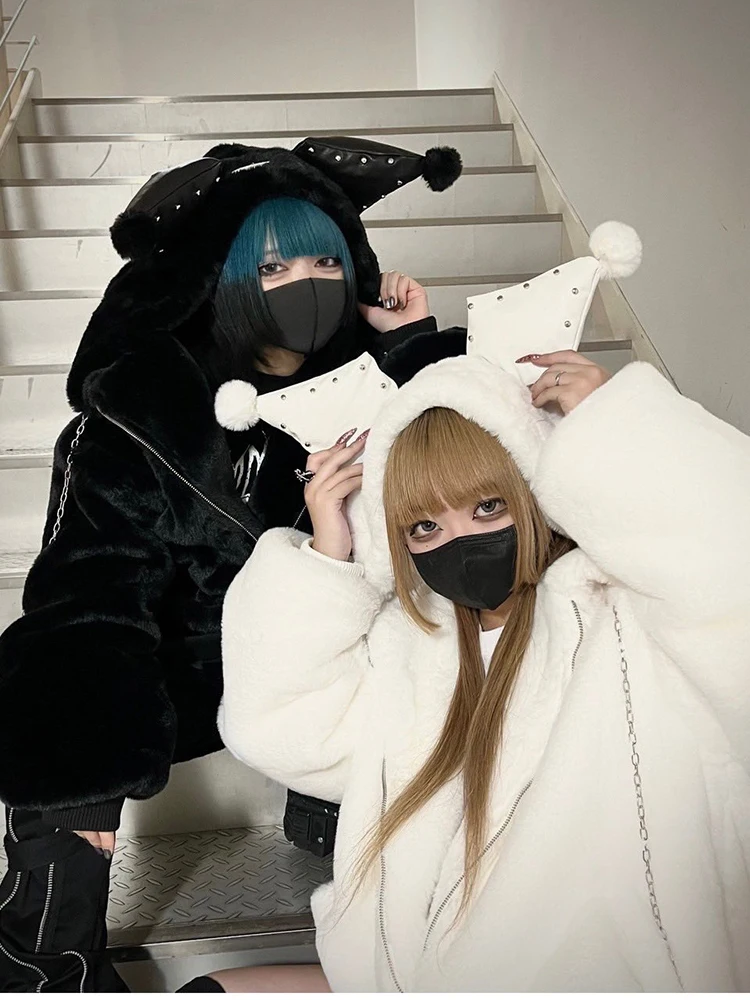 Lautaro Winter Oversized Warm Thick White Faux Fur Coat Women with Hood Sweet Cute Kawaii Japanese Style Fashion Fluffy Jacket