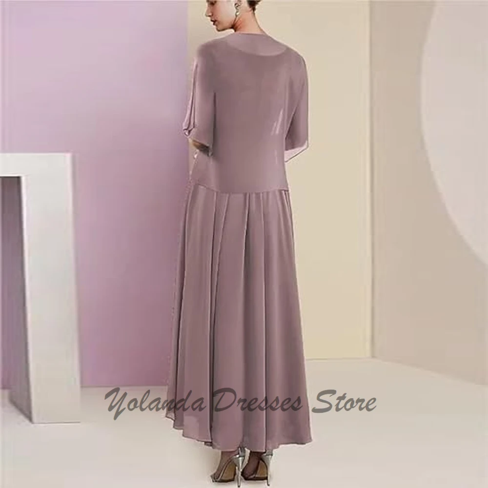 Modern 2 Piece Mother of The Bride Dresses Jacket Half Sleeves Appliques Lace Formal Evening Gown Pockets Ankle Length