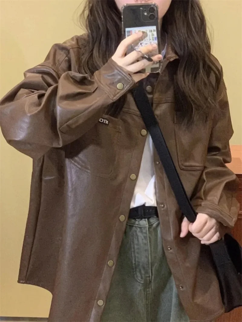 

Fat mm300 Catties American Retro pu Leather Coat Female 2023 Spring and Autumn New Loose Thin Jacket Open Solid Color Commute