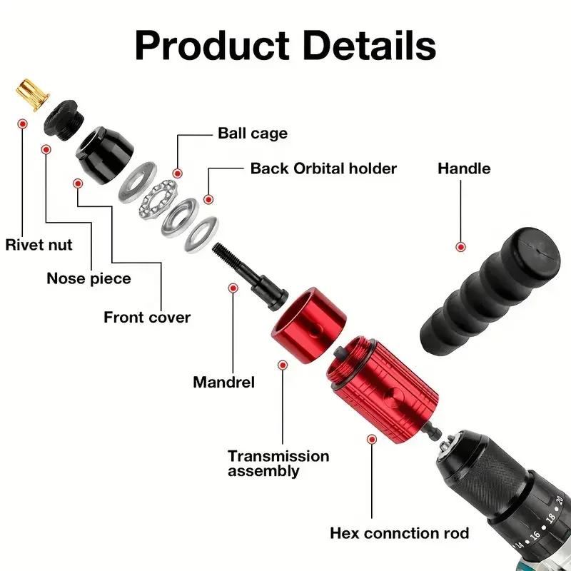 Metric + Imperial Rivet Nut Gun Set Home Cordless Rivet Gun Riveting Tool 10pcs Head 1/4 Inch Hexagonal Handle Interface