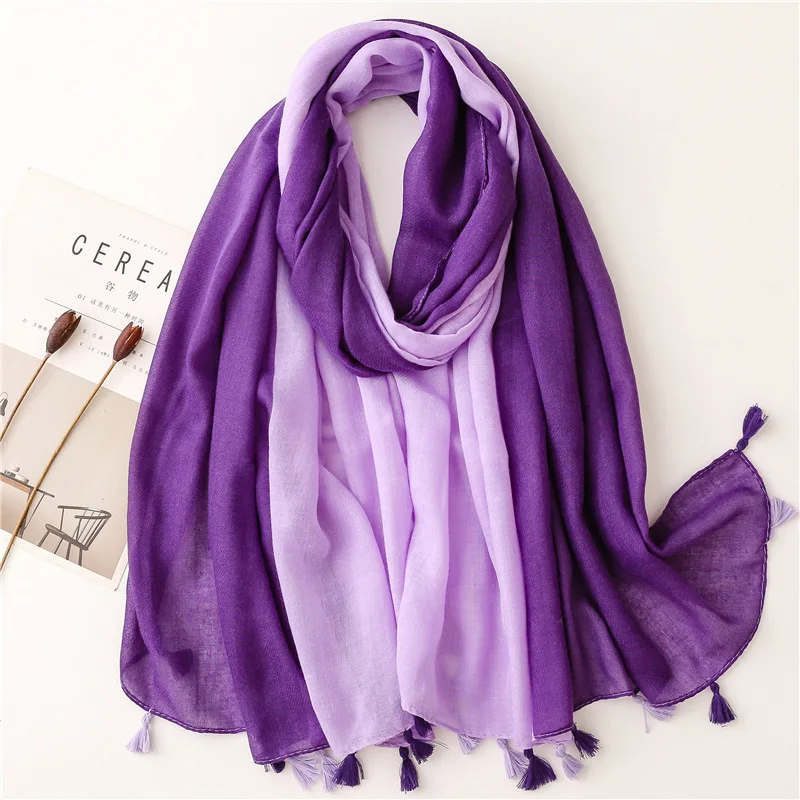 Autumn Winter Plain Ombre Purple Tassel Viscose Shawl Scarf Lady High Quality Wrap Pashmina Stole Bufandas Muslim Hijab 180*90Cm