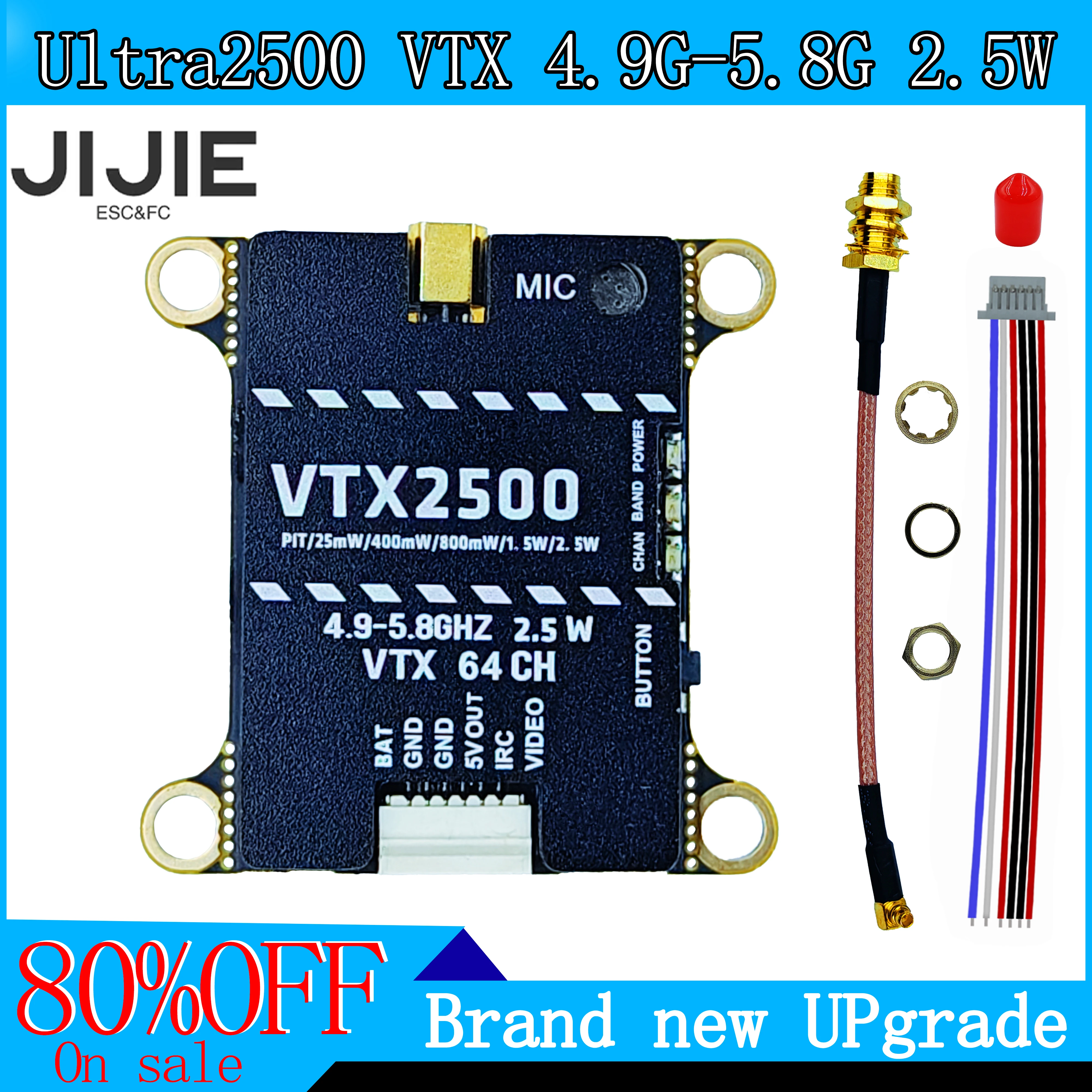 Détail des boutons de sélection de canal et de puissance sur l'émetteur vidéo FPV 1.6W pour drone RC