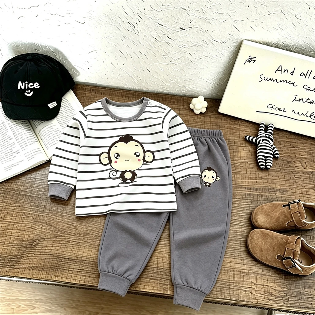 Completi intimo a tema cartoni animati per bambini e bambine, tute a maniche lunghe, abbigliamento casual alla moda, top stampati per neonati, pigiami e pantaloni, 2 pezzi. - immagine 2