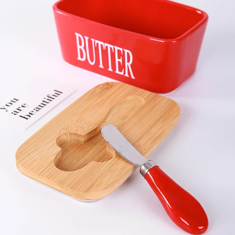 Wooden Cover Ceramic Butter Box Spatula Knife Sealed Fresh Butter Box Rectangular Kitchen Storage