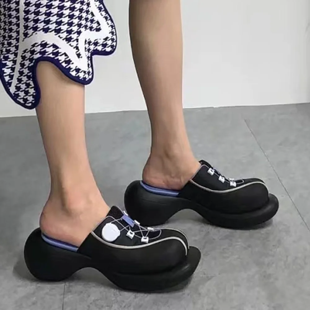 

Square Toe Casual Slippers Cross Tied Thick Soled Slip On Women's Slippers Black Patchwork Cute 2024 Newest Summer Design Shoes