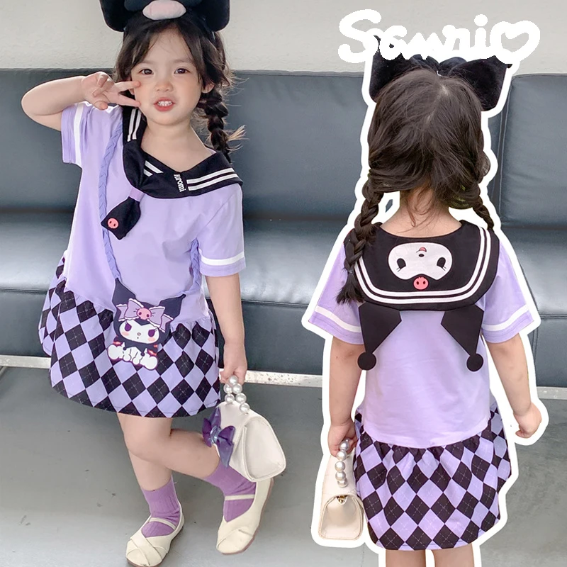 

Детское плиссированное платье Sanrios Kuromi с короткими рукавами для детского сада и колледжа костюм Jk подходящий цвет юбка с лацканами в подарок