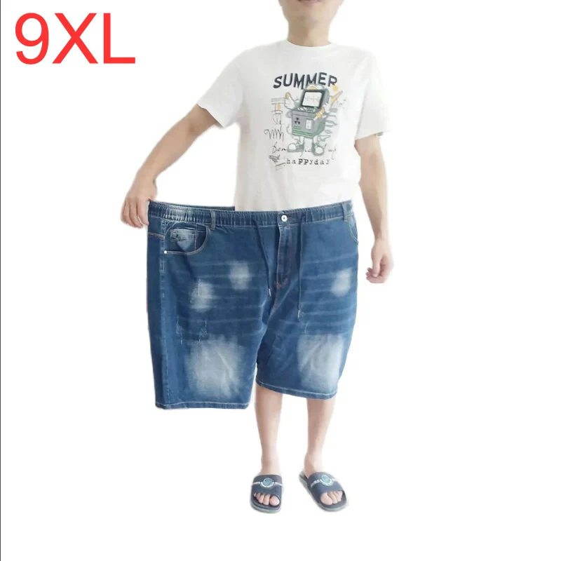 large size men's denim shorts oversized men's elastic waist knee length summer loose shorts men plus size 5XL 9XL 8XL 7XL 190KG