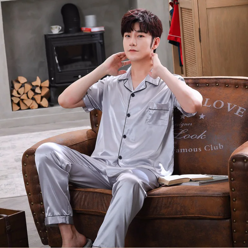 Summer Men's Ice Silk Pajamas Solid Color Lapel Short Sleeve Pants Oversized Loose Casual Imitation Silk Home Clothing Set