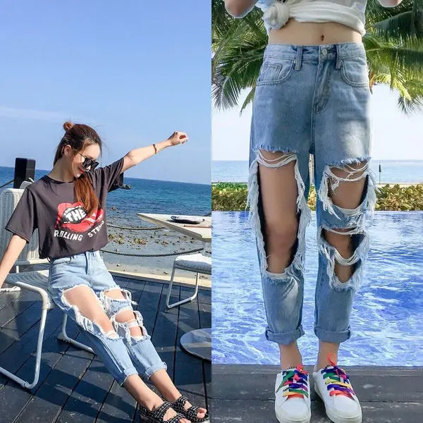 

Hip Hop Style Spring Ripped Jeans Female Casual Washed Holes Boyfriend Jeans For Women