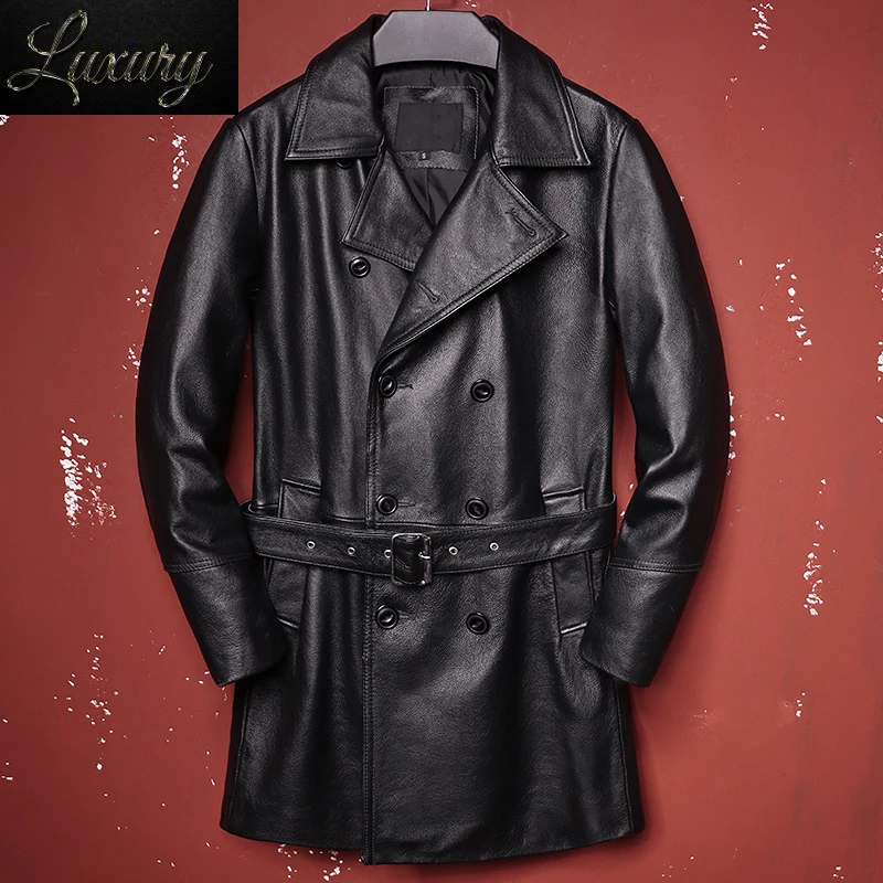 2024 New Autumn Belt Business Genuine Leather Coat Men's Double Breasted Trench Style Natural Cowhide Clothes