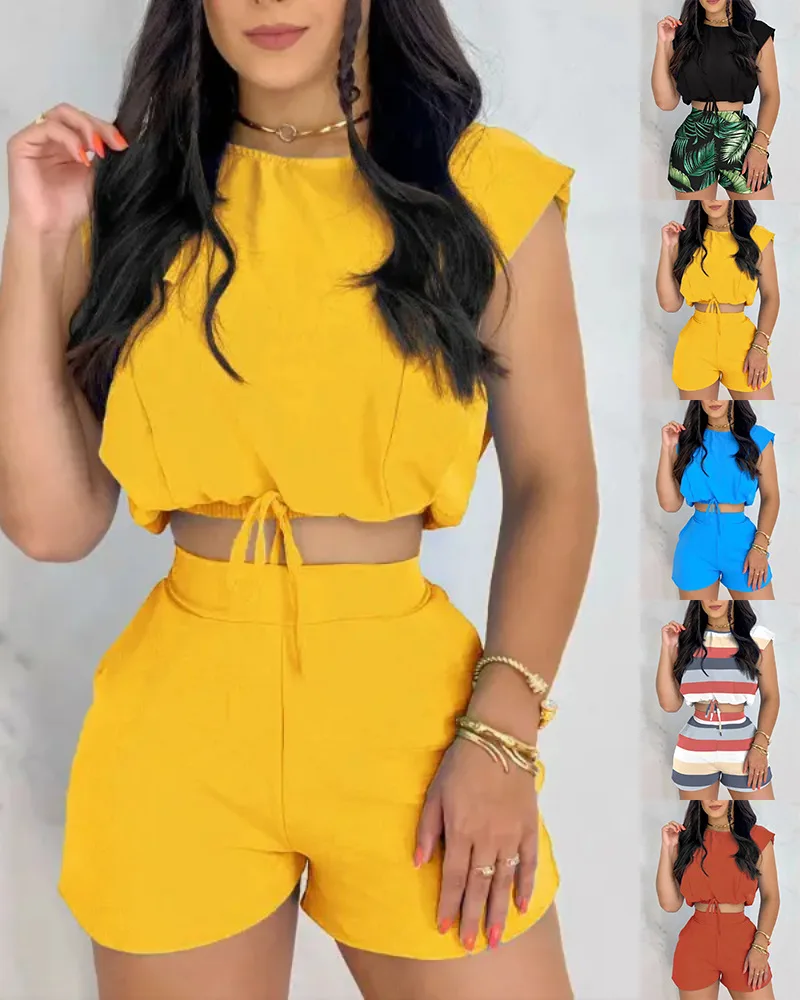 

Summer Fashion Women's Set Sleeveless Drawstring With Exposed Navel Tops & Shorts 2 Piece Set Y2K Sexy Female Print Outfits