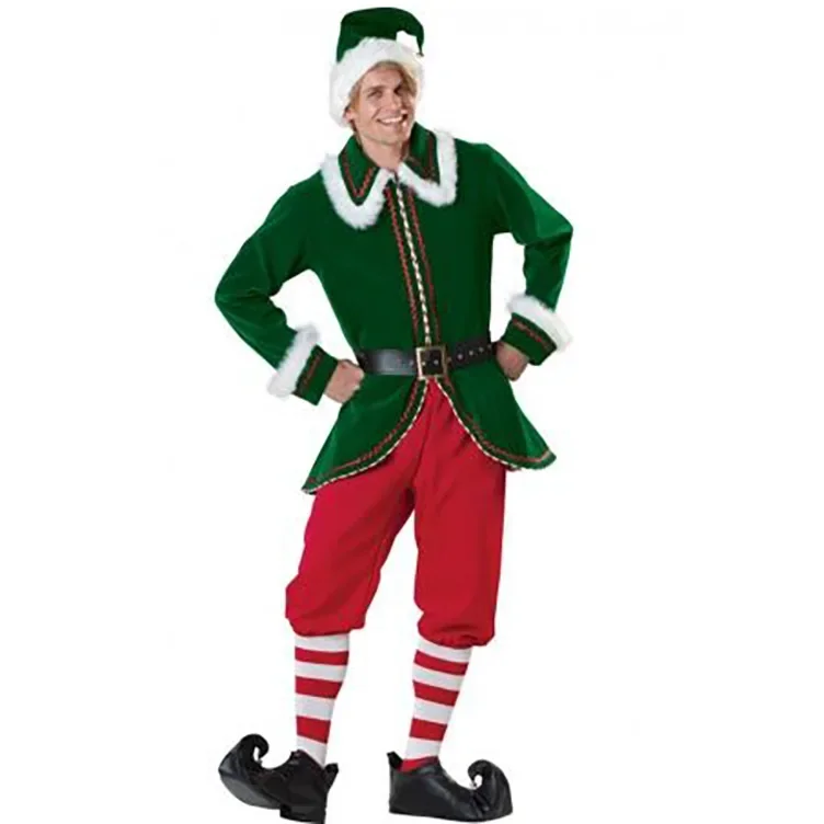Deluxe Adult Christmas Green Elf Fancy Dress Xmas New Year Masquerade Santa Claus Couple Cosplay Costume Full Set