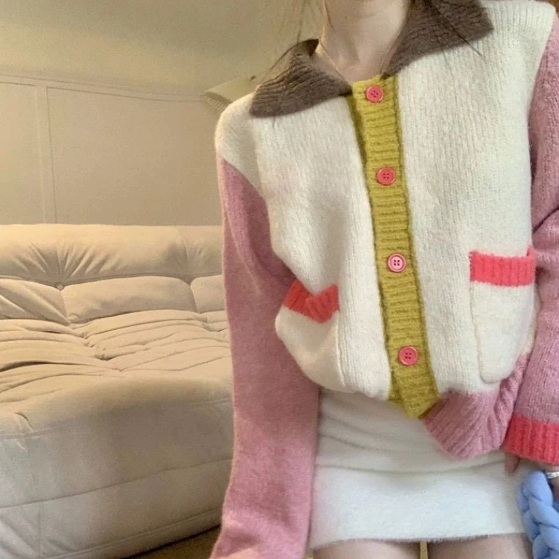 

Korean Sweet Age Reducing Color Contrast POLO Neck Sweater Coat Women's Autumn 2022 New Loose Skinny Knit Cardigan