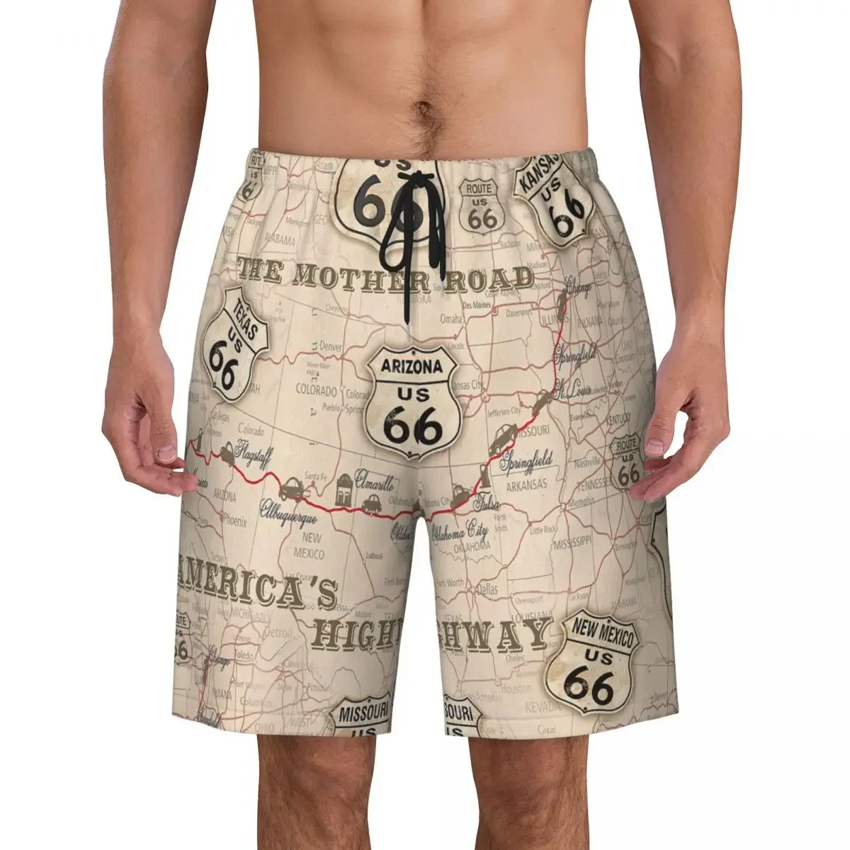 

Vintage American Map Route 66 Pattern Board Shorts Men Fashion Beach Shorts Briefs USA Highways Quick Dry Swimming Trunks