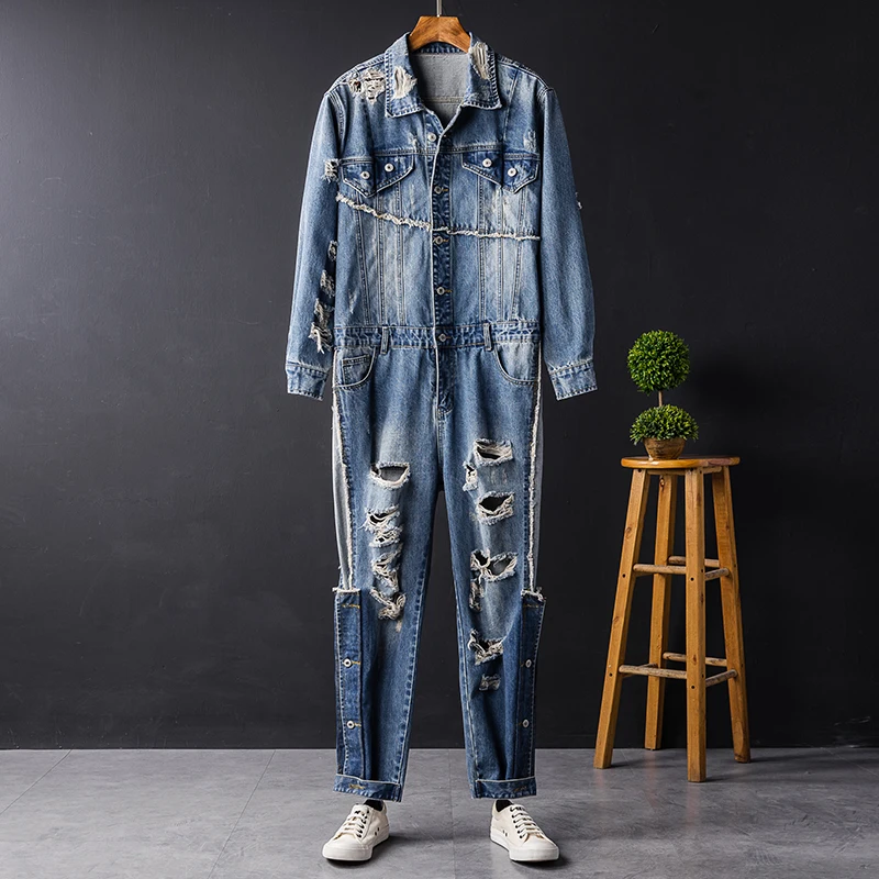 European and American personality fashion men's denim jumpsuit hip-hop men's ripped jeans performance clothes