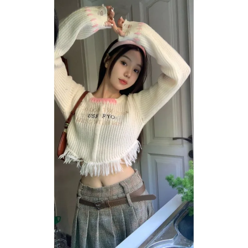 

Deeptown Harajuku White Cropped Sweater Women Korean Fashion Knit Female Jumper Kpop Knitwear Aesthetic Sexy Crop Top Pullover