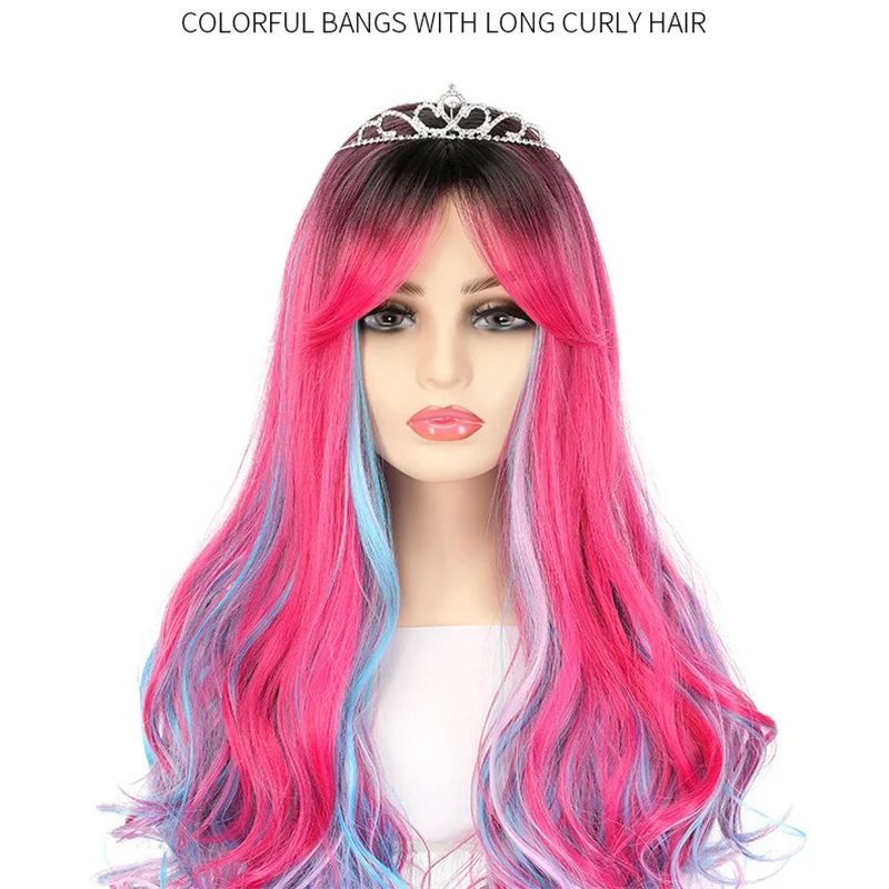 

60CM Colorful Long Curly Wig with Crown Synthetic Heat Resistant Fiber Cosplay Wig Hair Women Party Wig