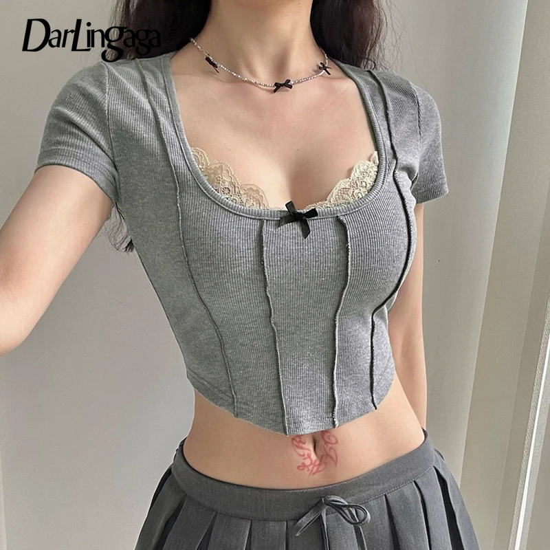 

Darlingaga Y2K Vintage Stitched Skinny Summer T-shirt Women Bow Short Sleeve Korean Style Lace Trim Bow Japanese Top Tee Outfits