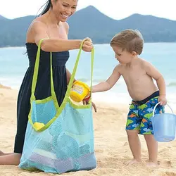 Kids Portable Mesh Beach & Bath Bag - Large Storage for Toys, Towels, and Accessories (Green handle blue)
