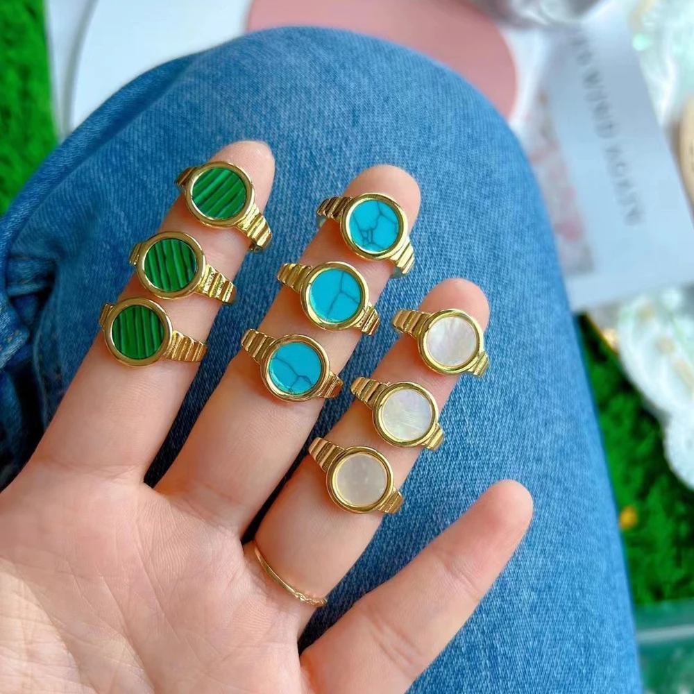 

5PCS, Korean Style Shell Stone Rings Round Gold Color Rings For Women Elegant Ring Fashion Jewelry Wedding Gifts