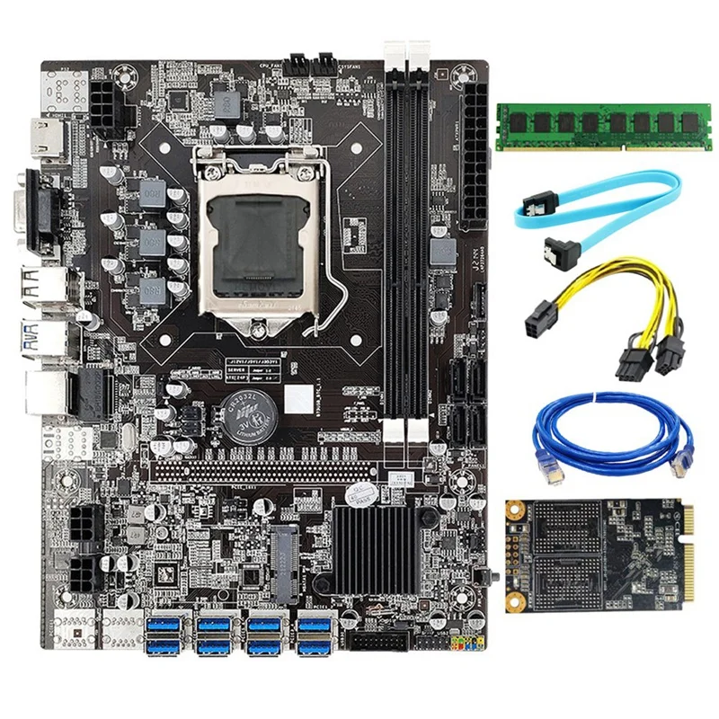 B75 BTC Mining Motherboard LGA1155 8GPU PCIE USB DDR3 4GB 1600Mhz RAM+SATA Cable++MSATA SSD 128G Bitcoin B75 USB Miner best computer motherboard
