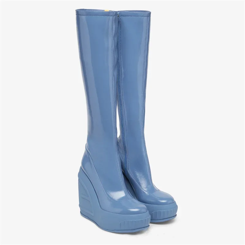 2024 Spring New Slope Heel Thick Bottom Round Toe High Heel Boots Fashion Sexy Cross-border Women's Plus Size Knee-high Boots