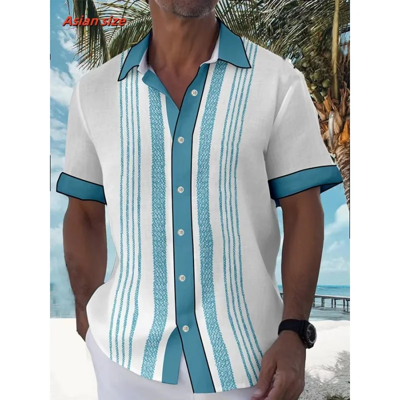 Colorful Stripes Pattern Hawaiian Shirt For Men Color Block 3D Printed Short Sleeve Tops Casual Lapel Aloha Shirts Loose Blouses 5
