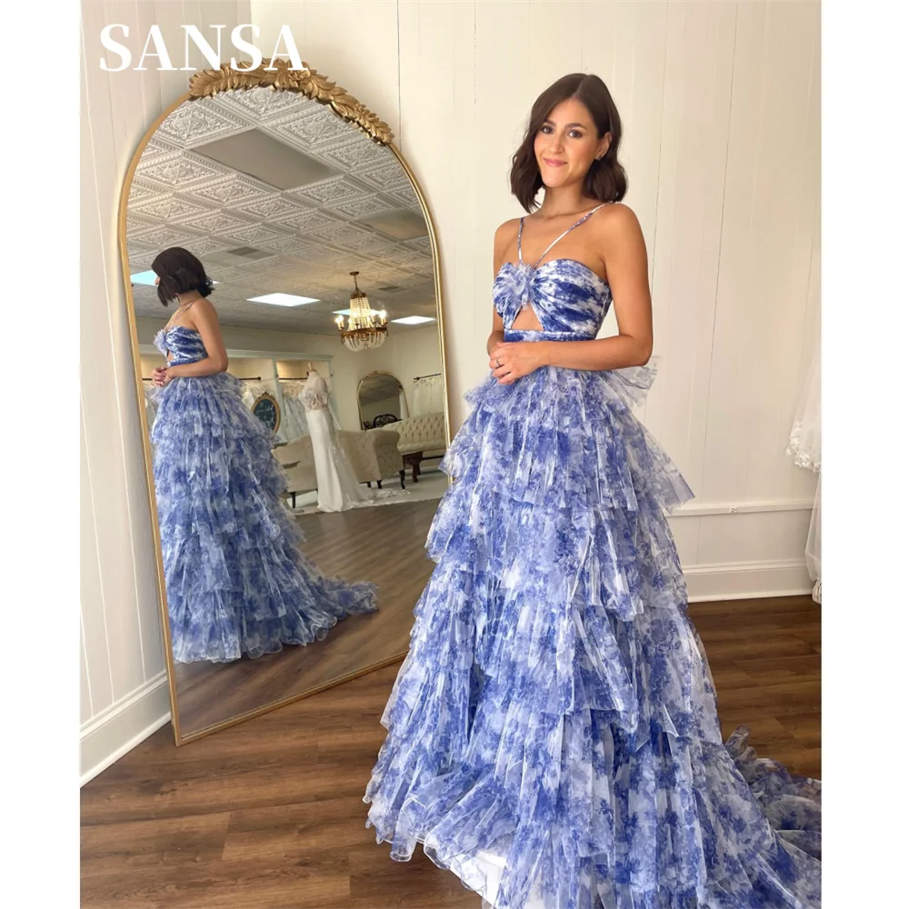 Griselda Sin Tirante Tubo Gasa Vestido Con Volantes Azul Cielo Tallas Grandes
