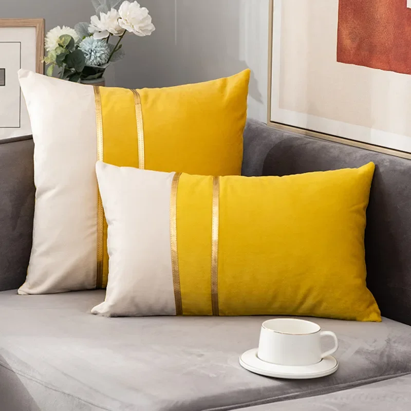 Yellow and white velvet color-block pillow covers