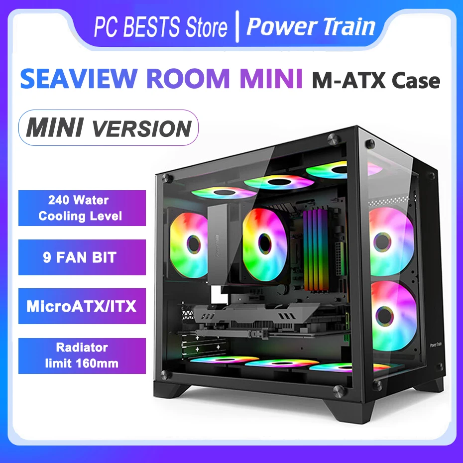 파워 트레인 씨뷰 룸 미니 M-ATX ITX 케이스, 240 수냉식 데스크탑 게임 섀시 컴퓨터 호스트 박스 지원