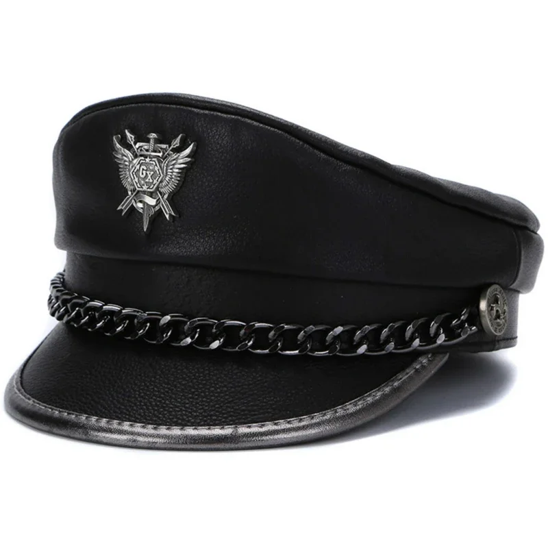 

2024 Spring Men‘s Genuine Leather Army Hat Male Flat Top Badge Locomotive Retro Military Caps Students Punk Cortical Chain Gorra