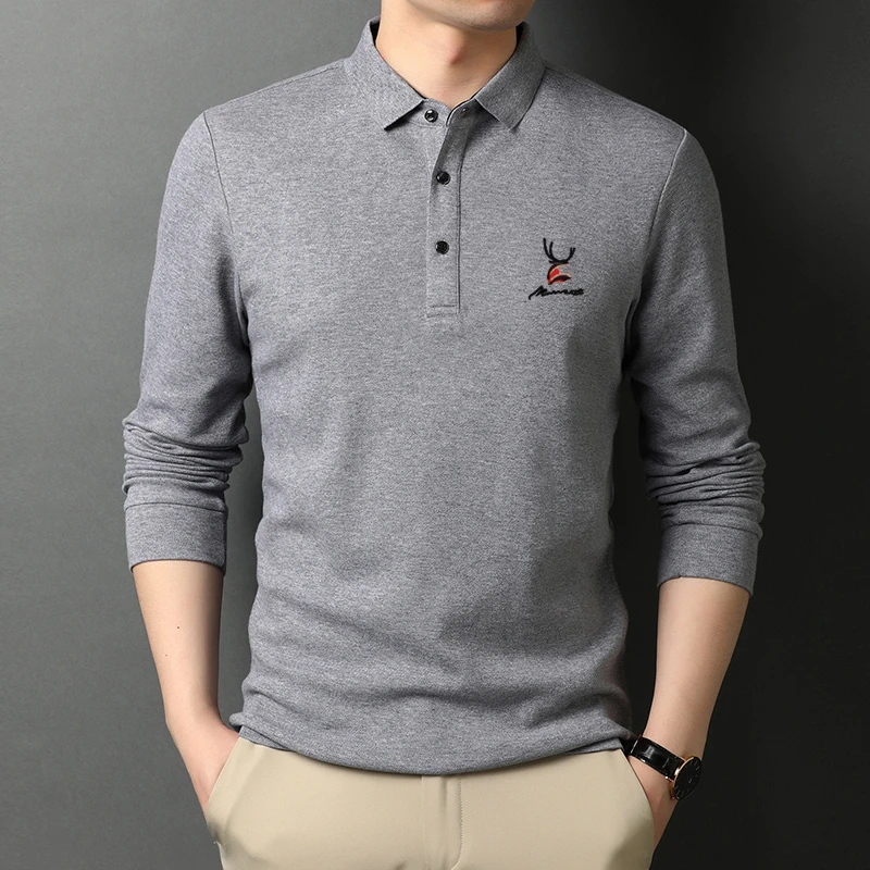 Neues Herren-Poloshirt mit lässiger Stickerei und langen Ärmeln, modisches einfarbiges Oberteil – Detail 8