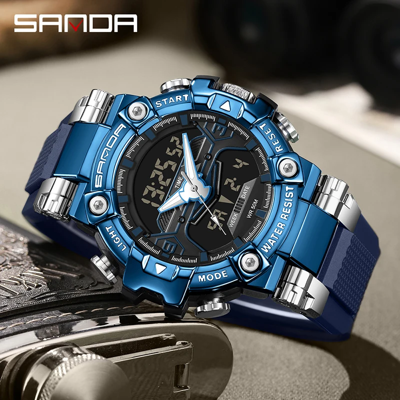 Sanda 3186 New Year Trendy Digital Analog Display TPU Strap Waterproof Shock Resistant Fashion Sports Men Cool Watches