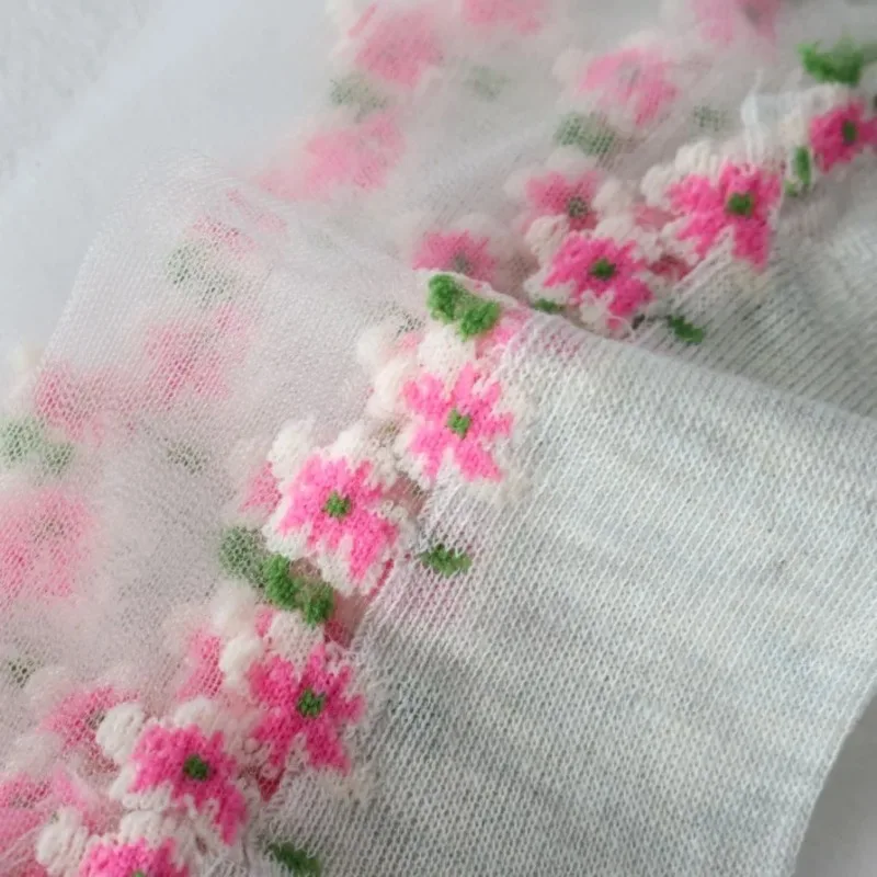 2 Pairs Women Floral Printed Transparent Socks Fashionable Cute Lace Sweat Absorbing Breathable Soft Comfortable Casual Socks